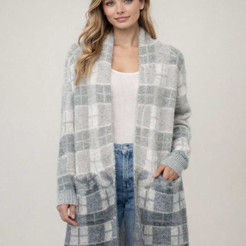 Davi & Dani Grey Ivory Plaid Fuzzy Long Open Front Cardigan Duster NWT